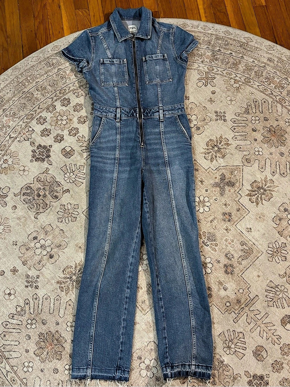 ZARA Short Sleeve Denim Zip Front Jumpsuit in Blue